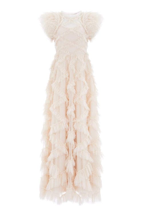 Needle & Thread Genevieve Ruffle Short Sleeve Maxi Gown In Neutral