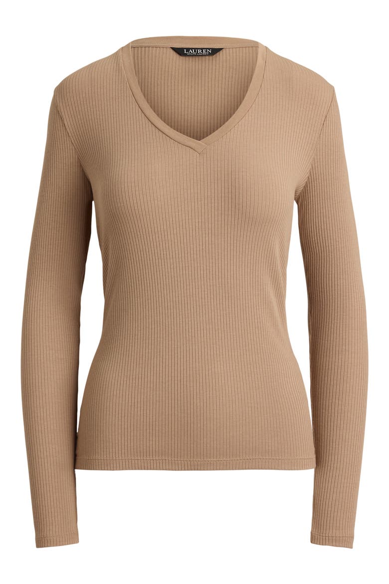 Rib Long Sleeve V-Neck Top, Alternate, color, CAMEL BEIGE