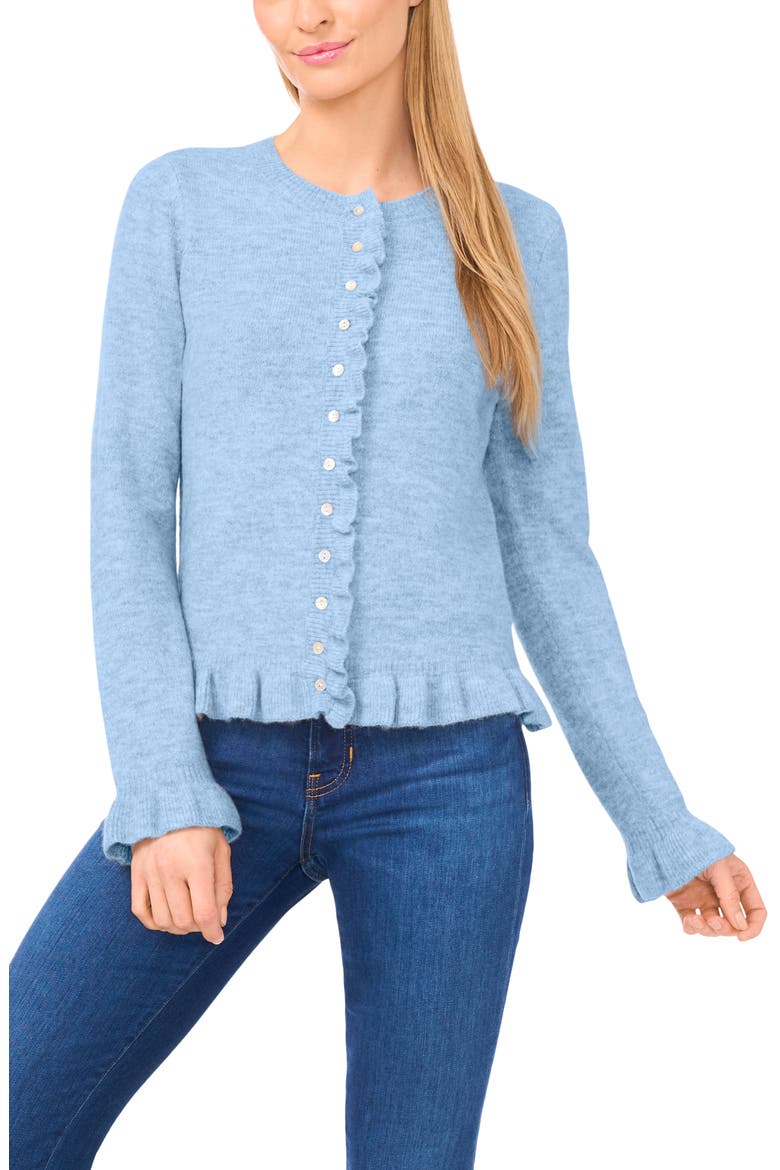 Ruffle Trim Cardigan, Main, color, BLUE HEATHER