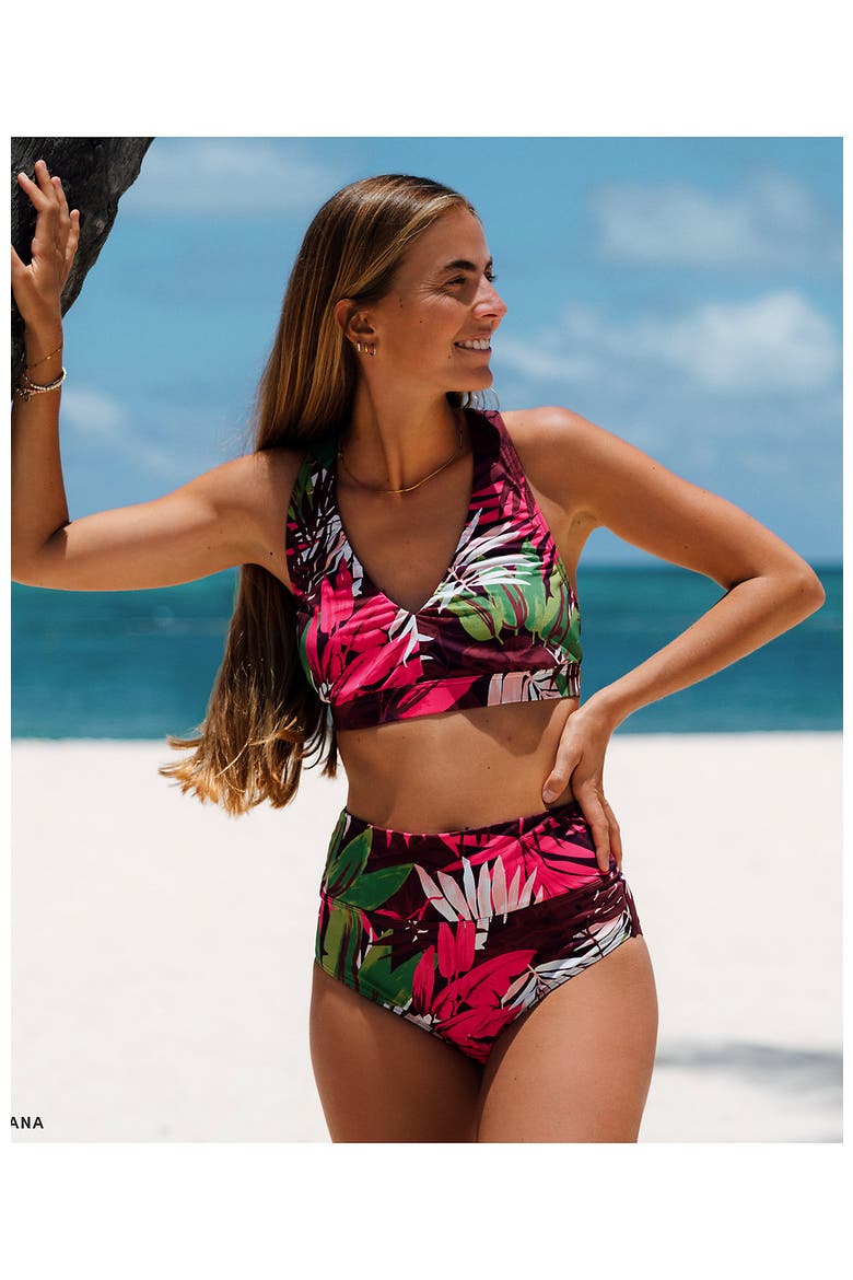 Chlorine Resistant V-neck Midkini Swimsuit Top and High Leg High Waisted Bottoms 2 Piece Set, Alternate, color, Dark Wine Multi Tropical Palm