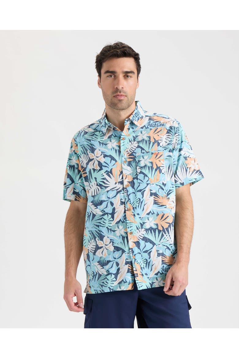 Retro Tropical Tuna Woven Short Sleeve Shirt, Main, color, Washed Navy