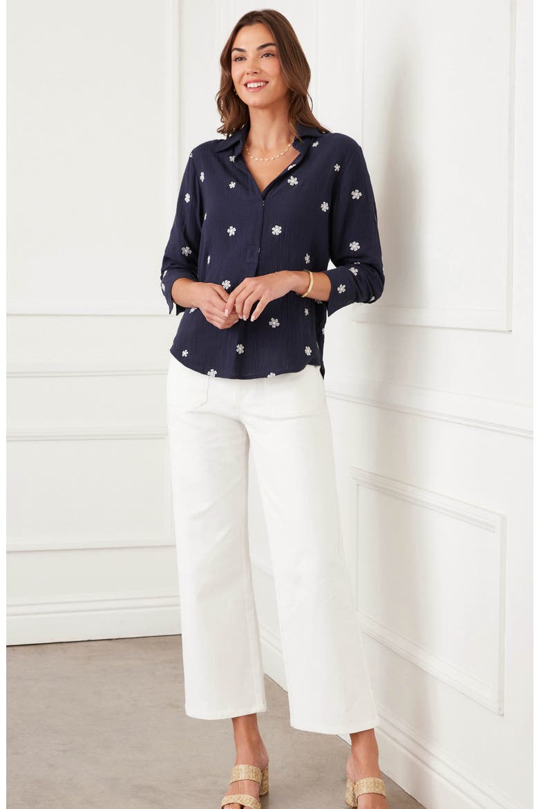 Embroidered Ruched Sleeve Cotton Gauze Shirt, Alternate, color, NAVY