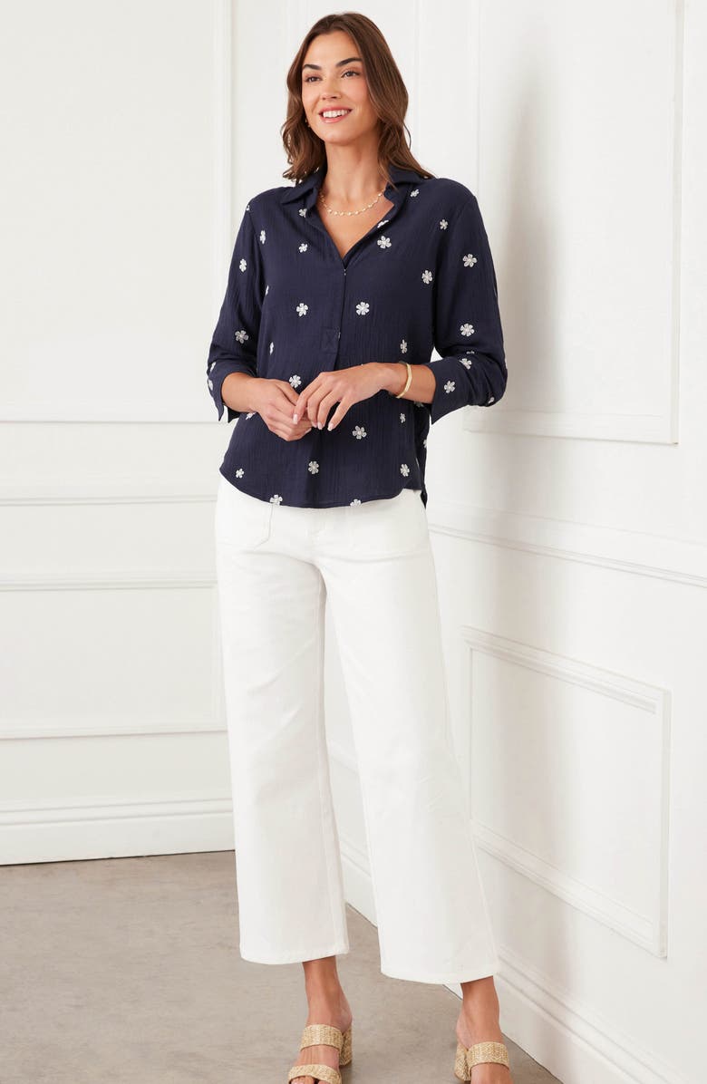 Karen Kane Embroidered Ruched Sleeve Cotton Gauze Shirt, Alternate, color, Navy