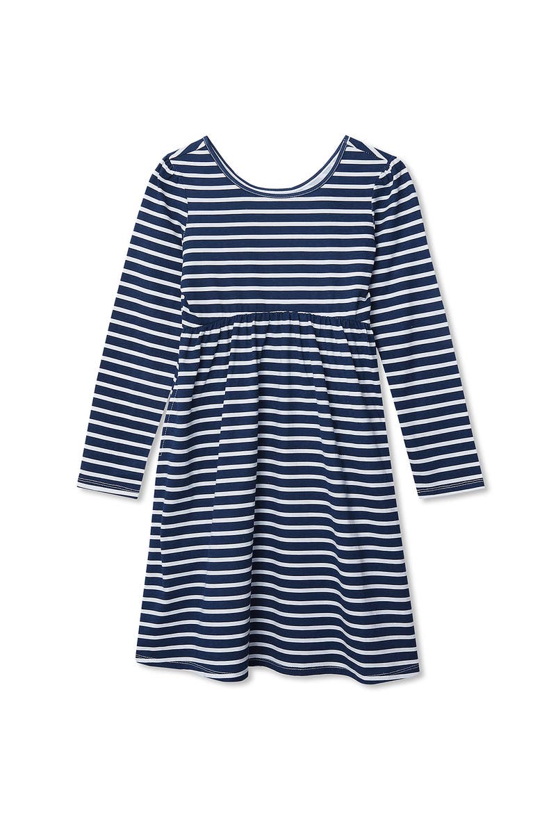 Girls Plus Long Sleeve Gathered Waist Jersey Dress, Alternate, color, Navy/White Stripe