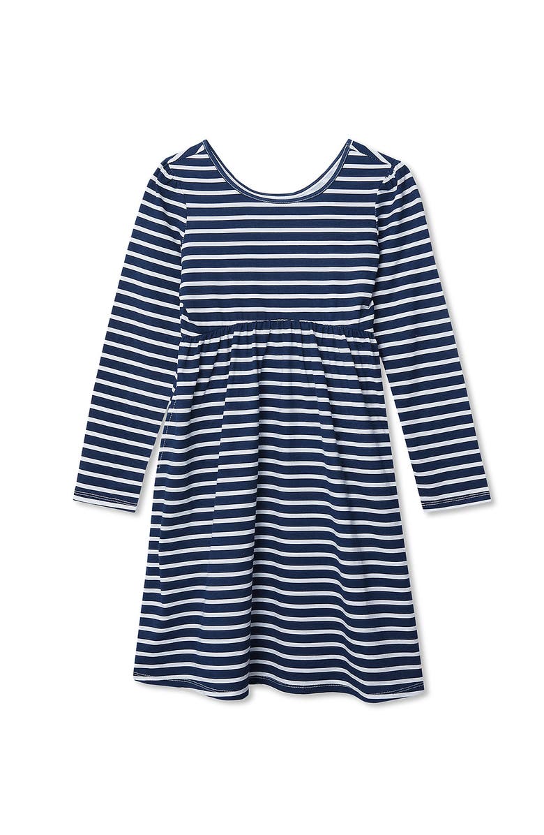 Lands' End Girls Long Sleeve Gathered Waist Jersey Dress, Alternate, color, Navy/White Stripe