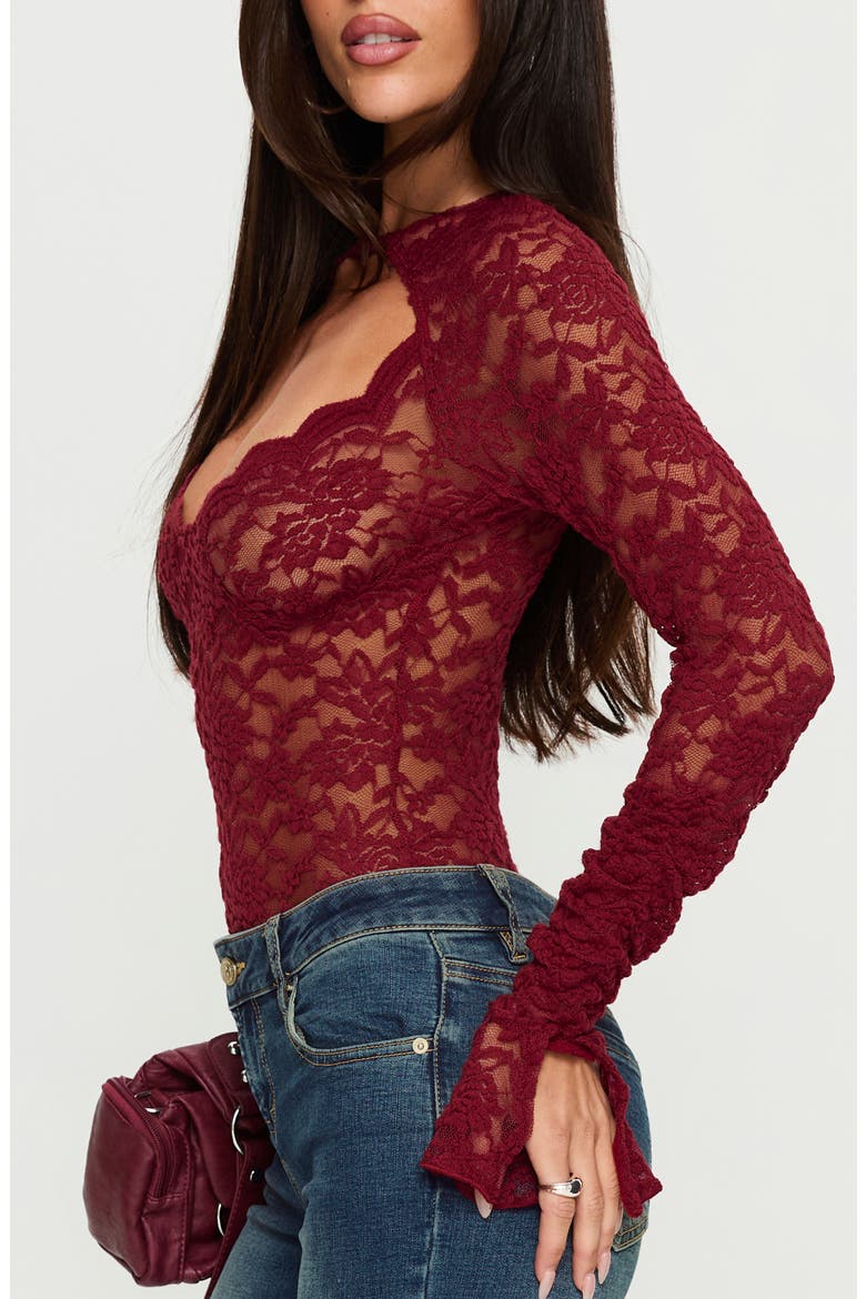 Giallo Long Sleeve Lace Bodysuit, Alternate, color, BURGUNDY