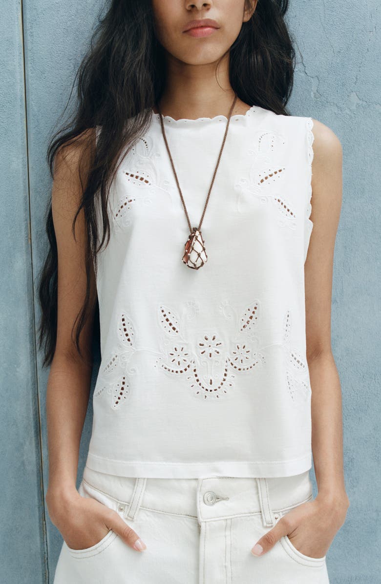 MANGO Openwork Embroidery Cotton Tank, Alternate, color, Off White