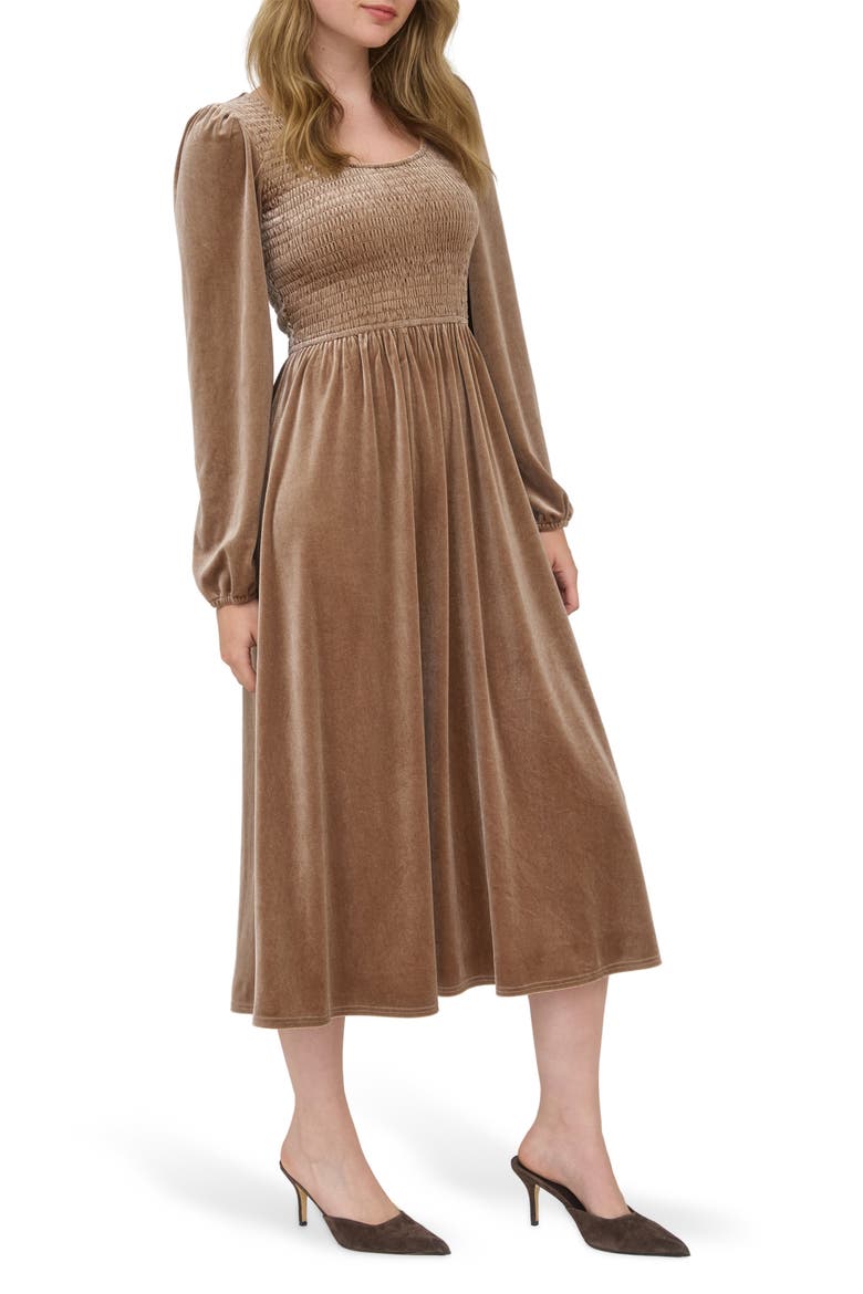 Long Sleeve Smocked Velvet Midi Dress, Alternate, color, MOCHA