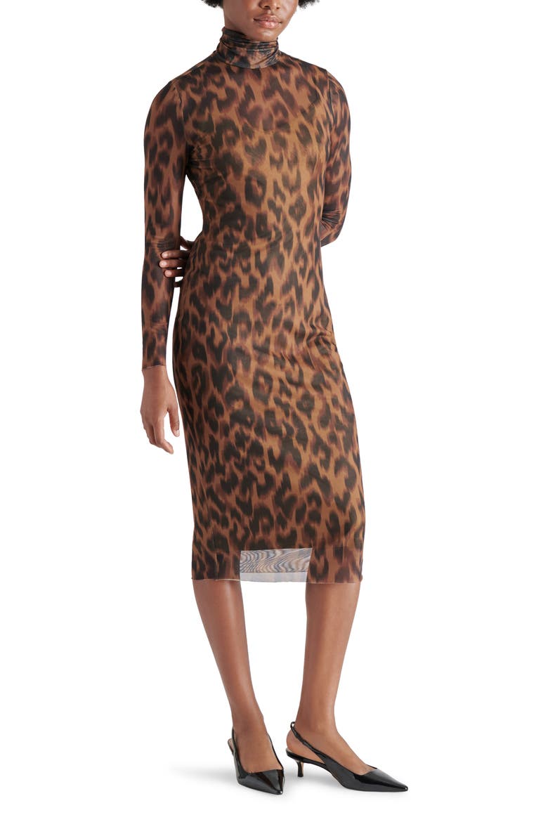 Vivienne Static Leopard Print Long Sleeve Mesh Midi Dress, Alternate, color, TOFFEE