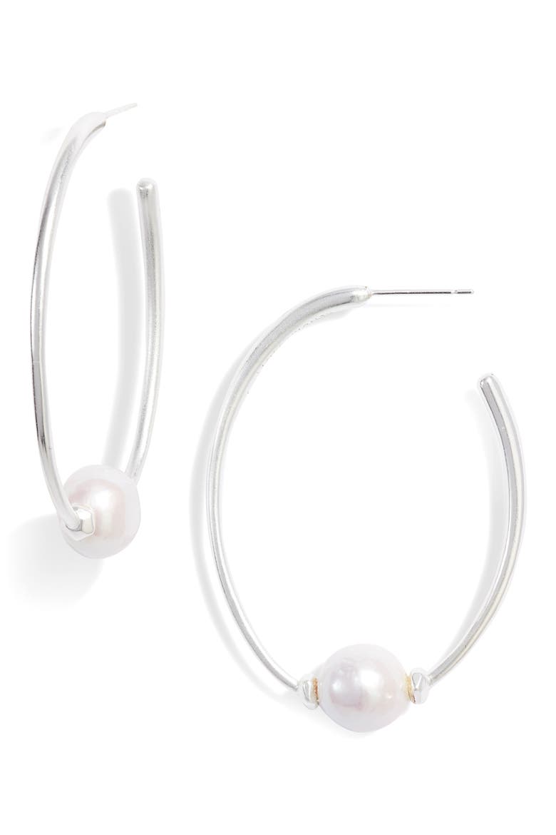 Regina Natural Pearl Hoop Earrings, Main, color, BRIGHT SILVER/ WHITE PEARL