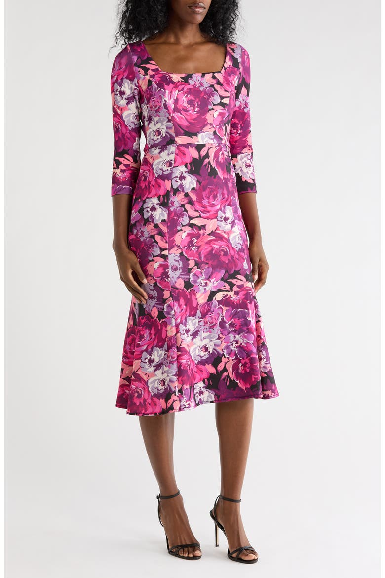 Floral Print Fit & Flare Midi Dress, Main, color, MAGENTA MULTI