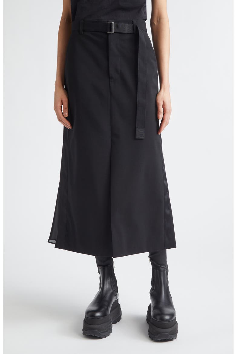 Belted Wool Suiting & Satin Pencil Skirt, Main, color, BLACK