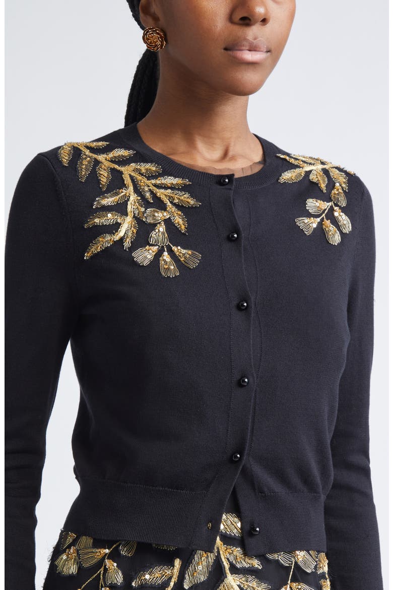 Leaf Embroidered Silk & Cotton Cardigan, Alternate, color, BLACK/ GOLD