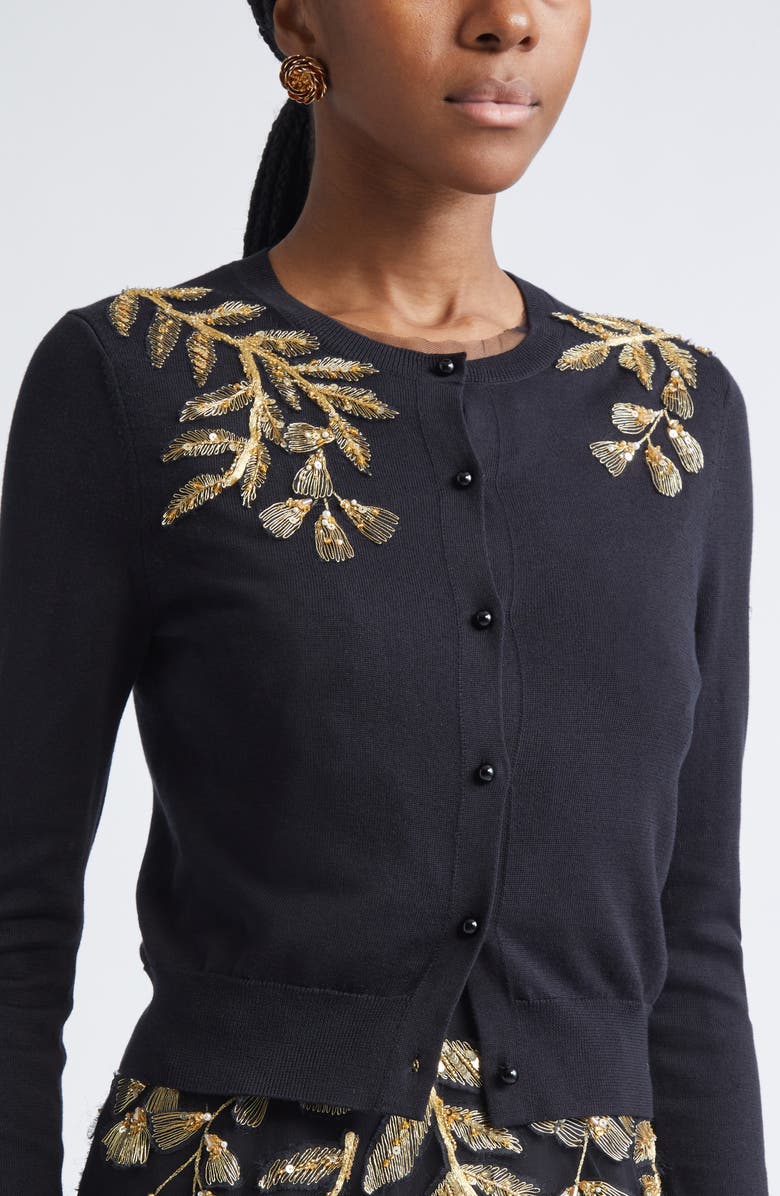 Carolina Herrera Leaf Embroidered Silk & Cotton Cardigan, Alternate, color, Black/ Gold