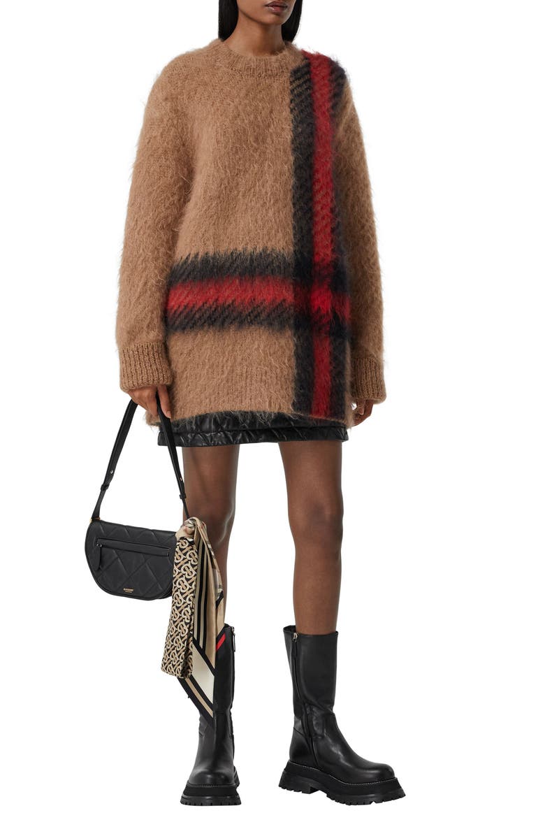 Burberry Monogram, Icon Stripe & Check Silk Skinny Scarf, Alternate, color, Archive Beige