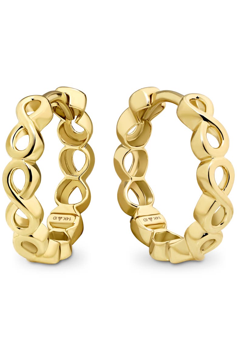 DEVATA Infinity Hoop Earrings in 14K Gold, 16mm, Main, color, Yellow Gold