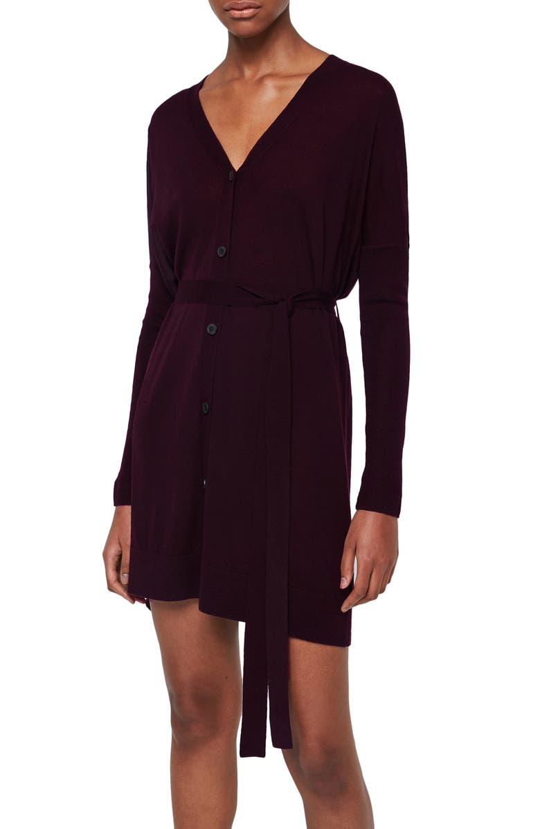 AllSaints Iva Long Sleeve Button-Up Mixed Media Dress, Alternate, color, Port Purple