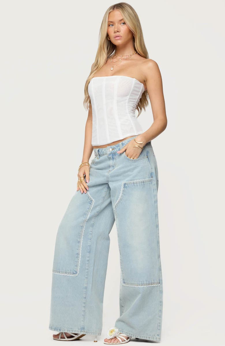 EDIKTED Teela Lace Panel Low Rise Wide Leg Utility Jeans, Alternate, color, Light-Blue