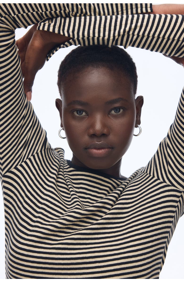 H&M Ribbed Scoop-back Dress, Alternate, color, Black/Beige Striped