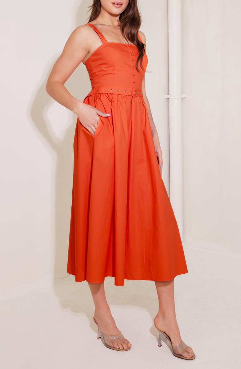 FREEMARKET Belted Cotton Midi Dress, Alternate, color, Tomato