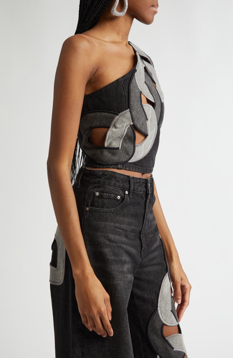 Area Chain Cutout One-Shoulder Denim Crop Top, Alternate, color, Grey Multi