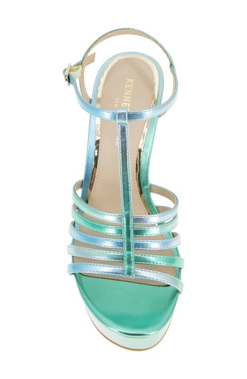 Kenneth Cole Celia Ankle Strap Platform Wedge Sandal In Blue/green Pu