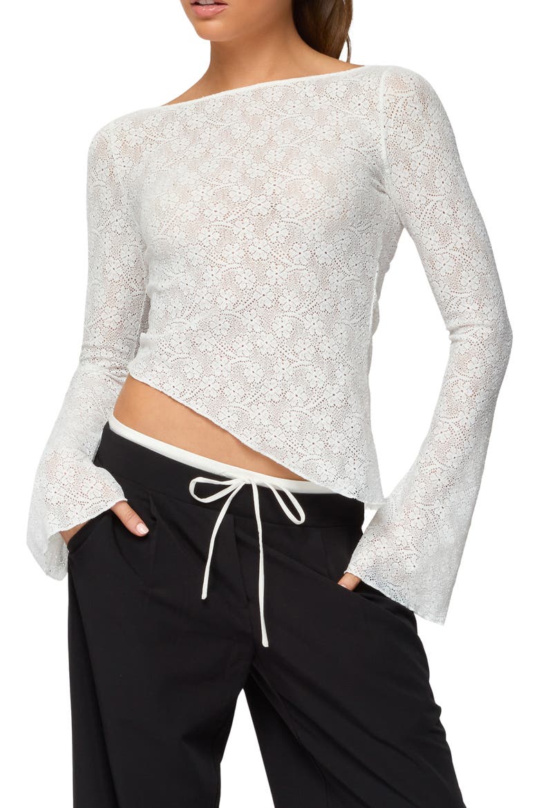 Mare Asymmetric Sheer Lace Top, Main, color, WHITE
