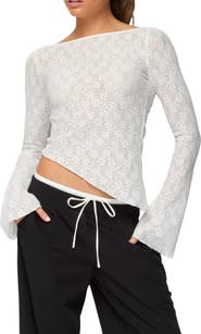 EDIKTED Mare Asymmetric Sheer Lace Top