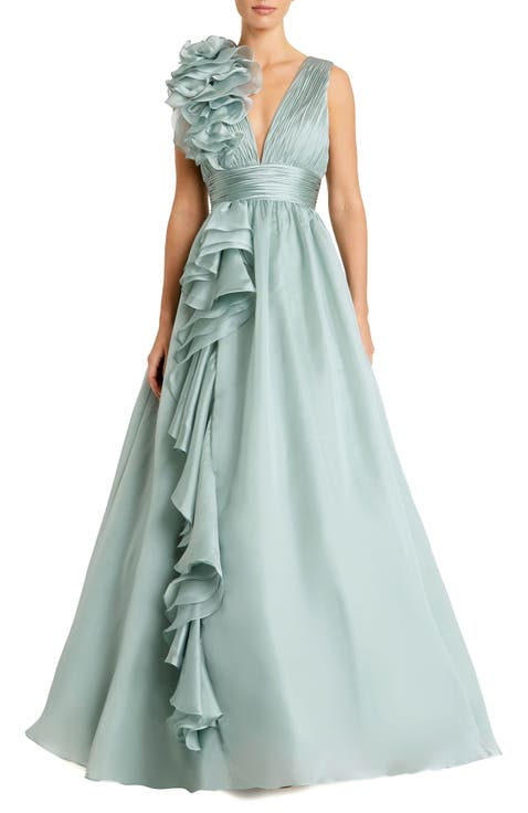 Ruffle Shoulder V-Neck Chiffon Gown
