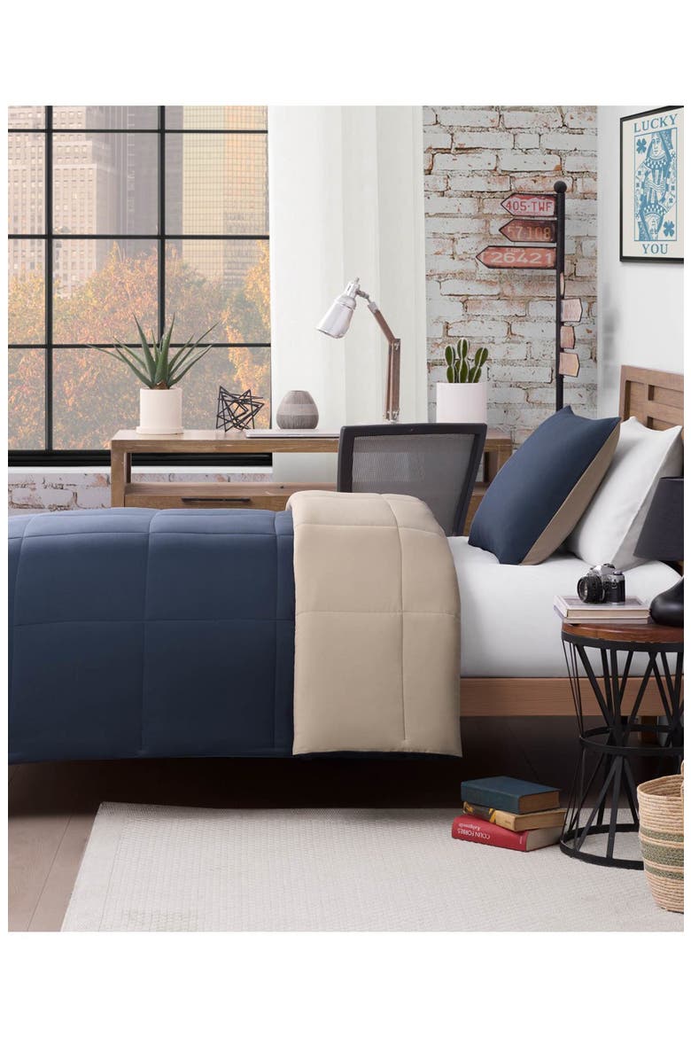 Reversible Box Stitch Comforter & Sham Set, Alternate, color, VINTAGE BLUE INDIGO/ TAN