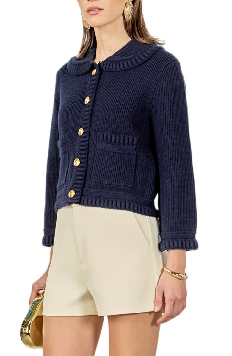 English Factory Braided Detail Collar Cardigan, Alternate, color, Navy