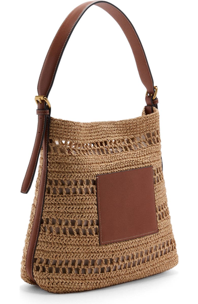MANGO Straw Shoulder Bag, Main, color, Leather