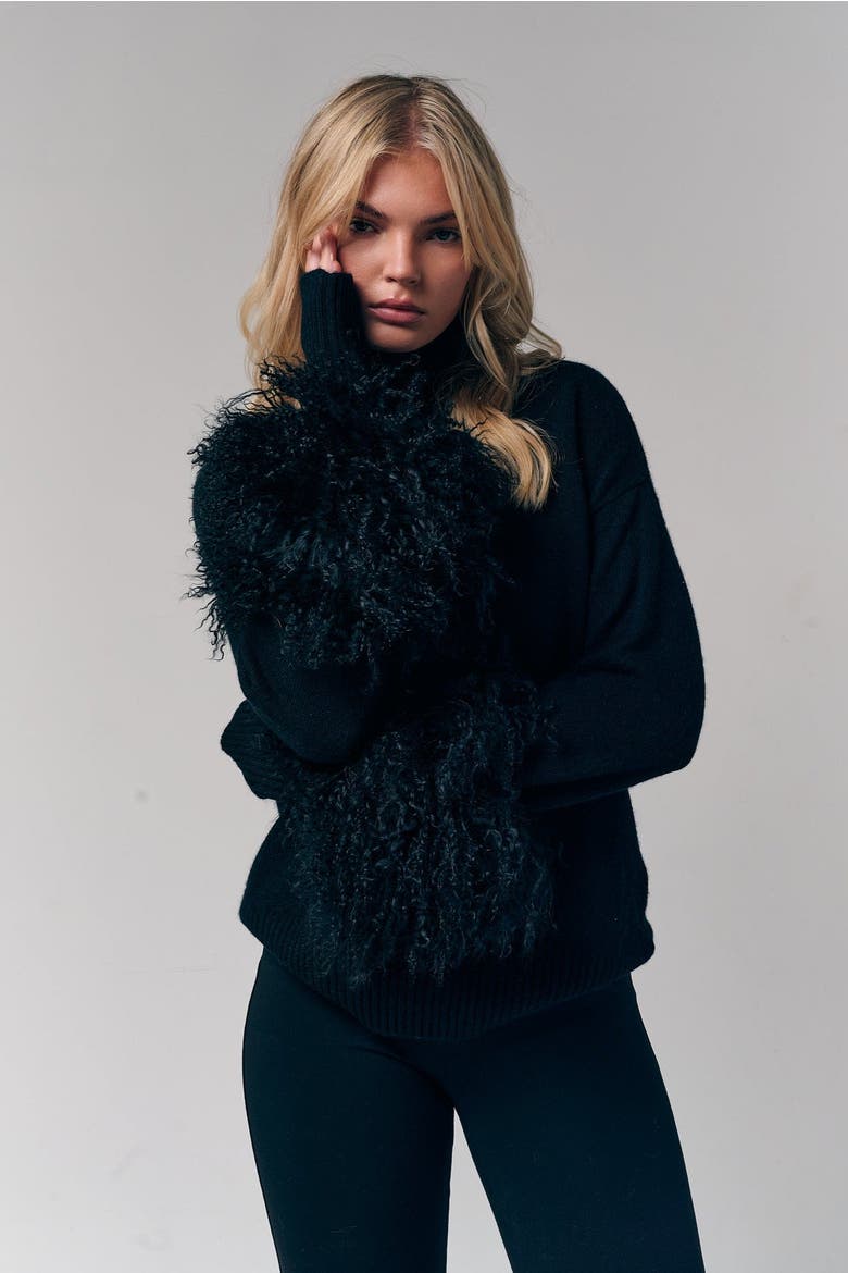Mongolian Shearling Cuffs Cashmere Sweater, Alternate, color, Black