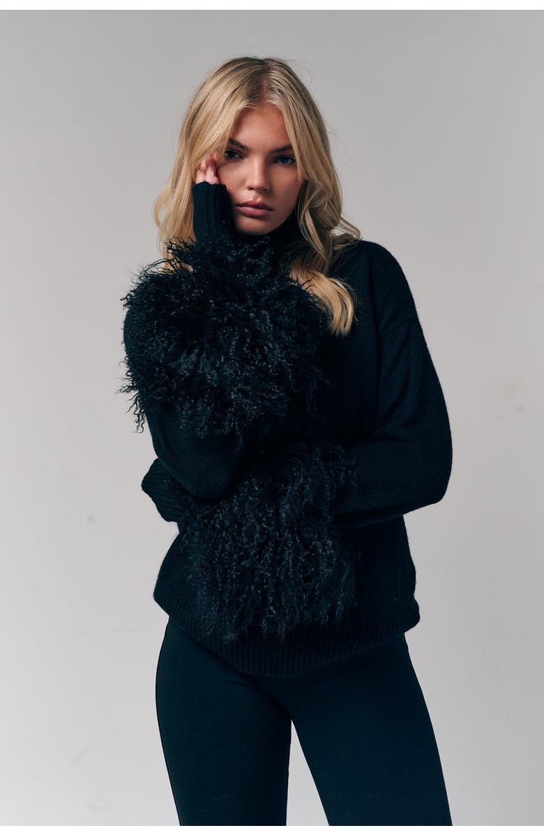 Le Fafo Mongolian Shearling Cuffs Cashmere Sweater, Alternate, color, Black