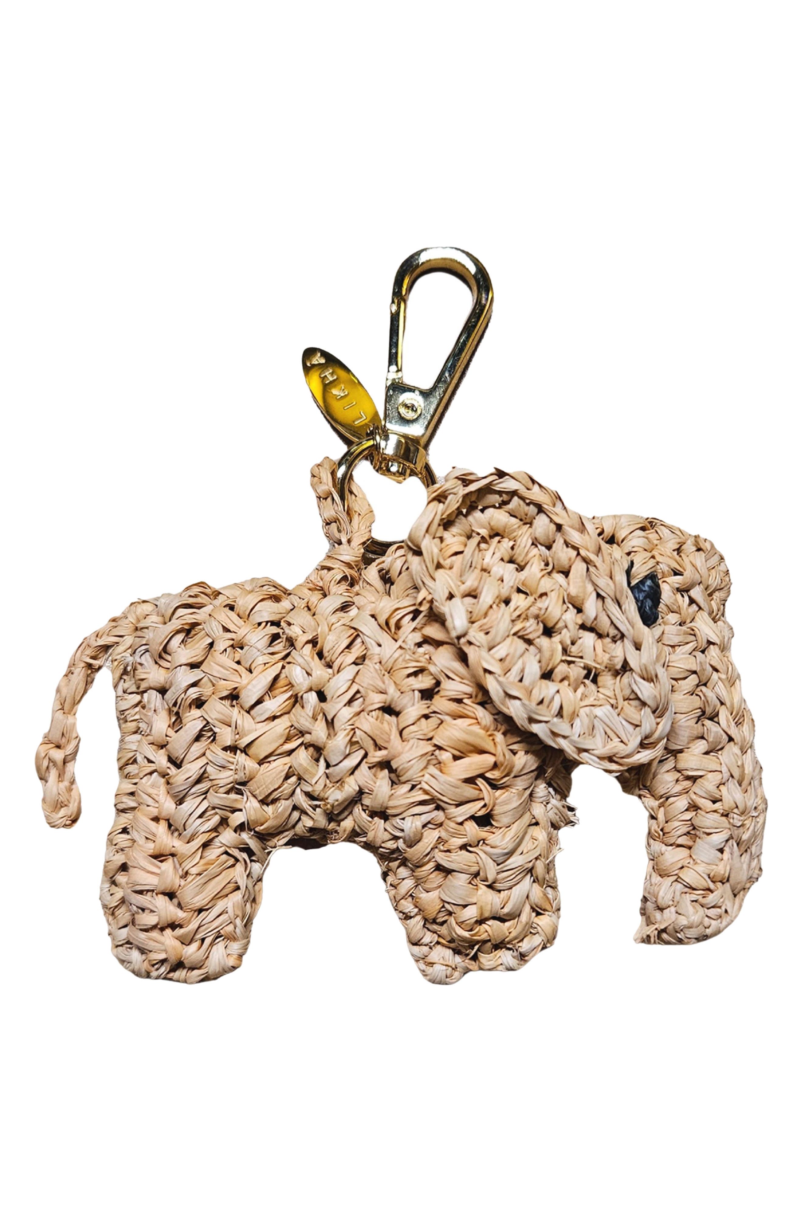 LIKHA Elephant Raffia Bag Charm, Main, color, Brown