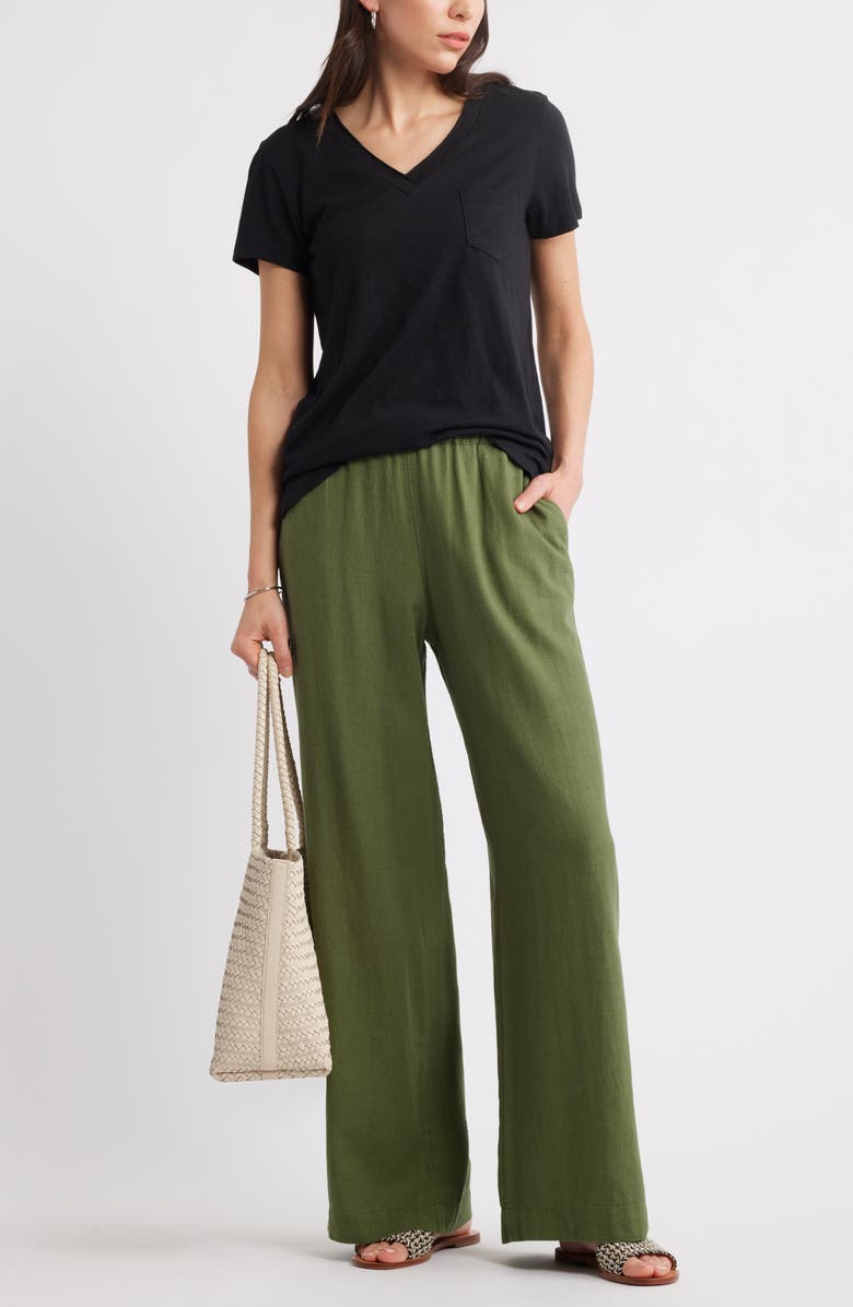 Caslon<sup>®</sup> Wide Leg Pull-On Linen Blend Pants, Alternate, color, Green Bronze