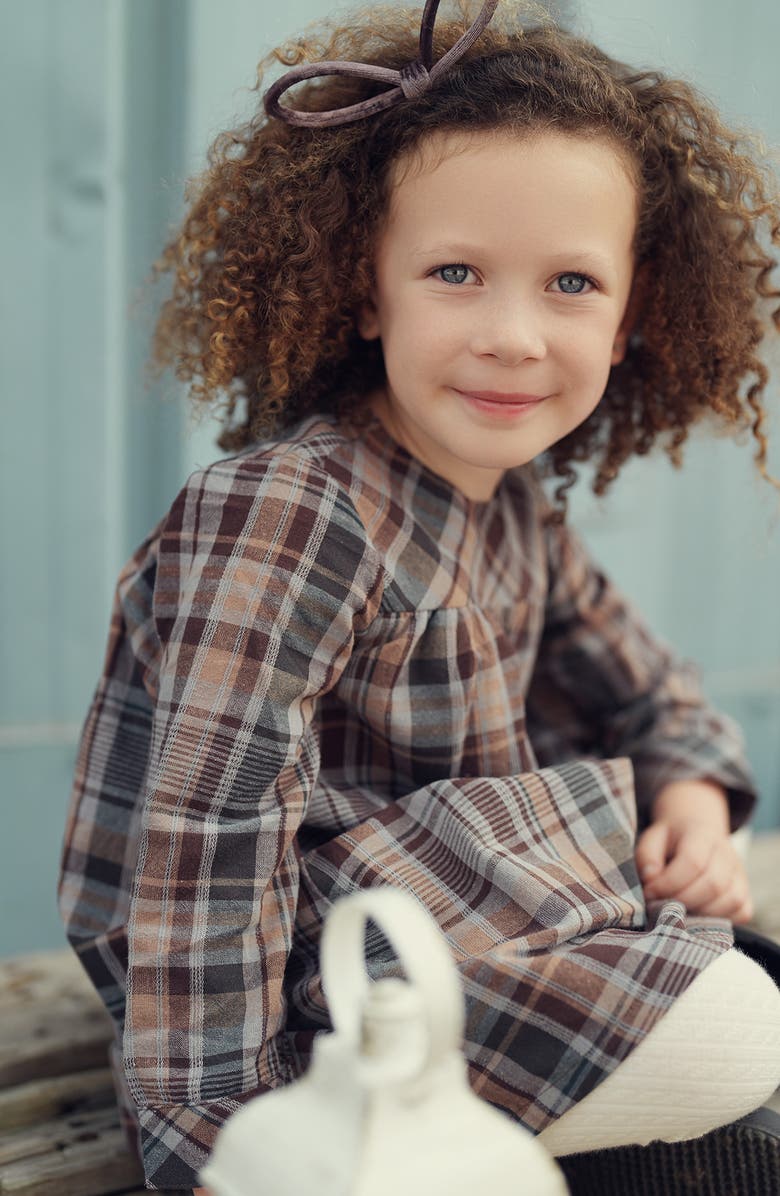 Manière Kids' Plaid Long Sleeve Cotton Blend Dress, Alternate, color, Brown