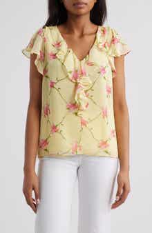 CeCe Floral Ruffle Trim Top