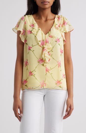 Cece Women's Floral-print Ruffled Flutter-sleeve Top In Yellow