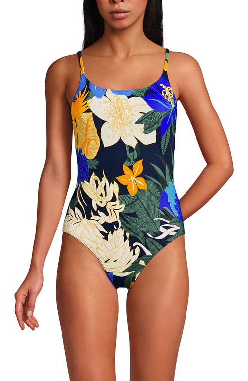 Lands' End Chlorine Resistant Scoop Neck High Leg Tugless Tank Thin Strap One Piece Swimsuit Adjusta In Navy Multi Floral Blooms