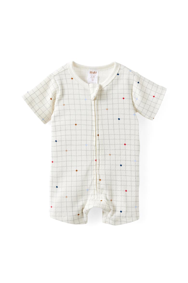 Littlie Organic Short Sleeve Zip All In One Romper, Alternate, color, Milk Spot Grid