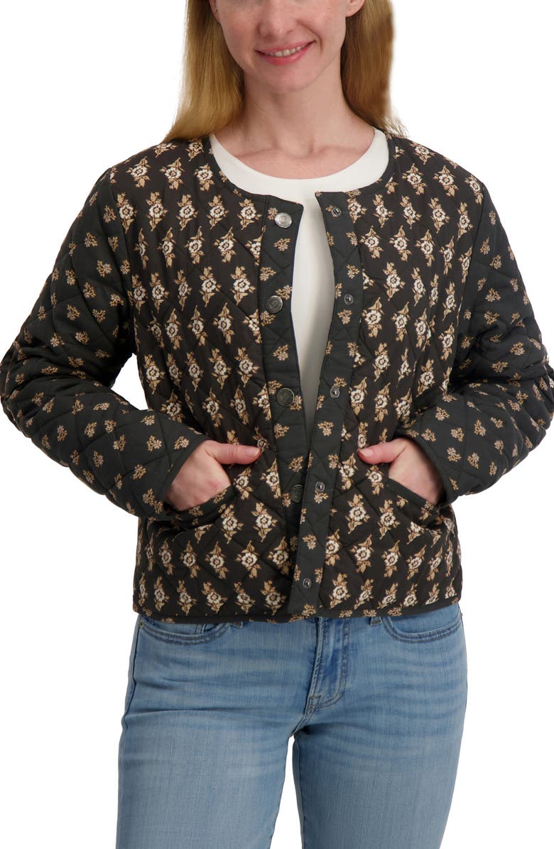 Lucky Brand Diamond Quilted Jacket, Alternate, color, Black Floral