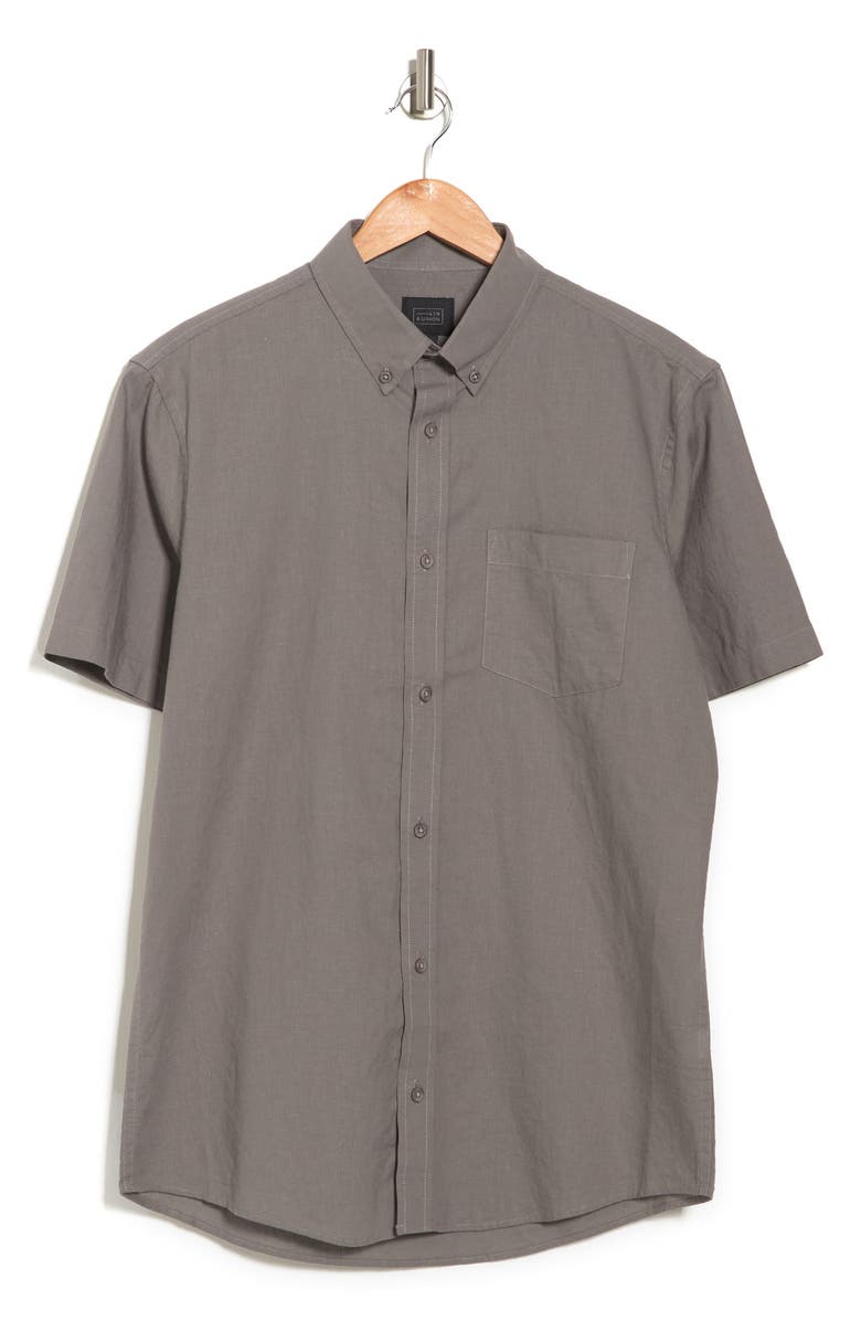 14th & Union Short Sleeve Woven Trim Fit Linen Blend Shirt, Alternate, color,