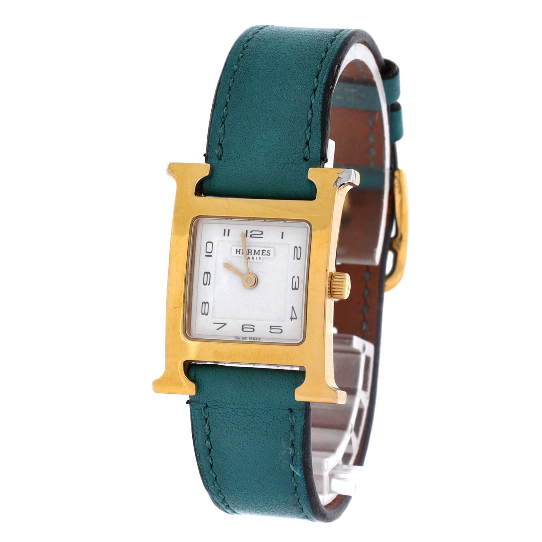 Pre-Owned Hermes Heure H Quartz Watch Plated Metal and Leather 21, Alternate, color, Green