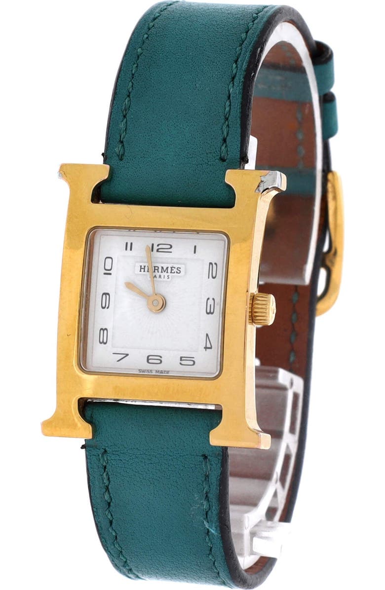 Pre-Owned Hermes Heure H Quartz Watch Plated Metal and Leather 21, Alternate, color, Green