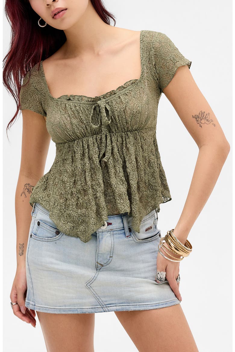 Piper Asymmetric Hem Stretch Lace Top, Main, color, KHAKI