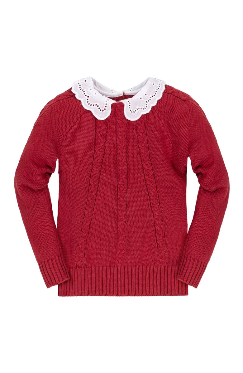 Hope & Henry Girls' Organic Eyelet Collar Cable Sweater, Kids, Alternate, color, Red Cable With Collar