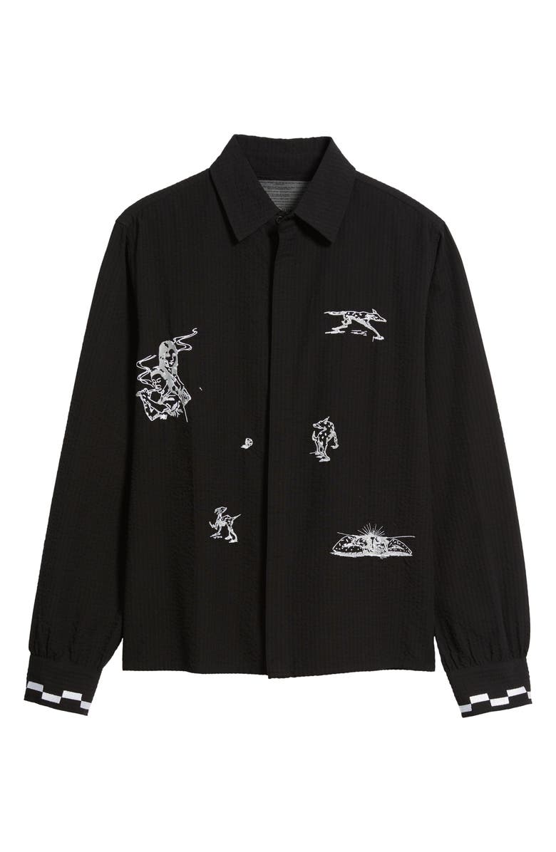 JUNGLES Live Life with Ease Embroidered Button-Up Shirt, Main, color, Black