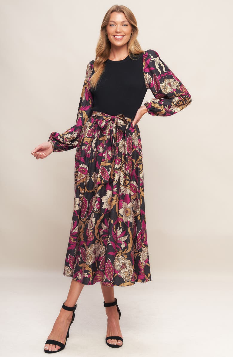 FLYING TOMATO Long Sleeve Mixed Media Fit & Flare Dress, Alternate, color, Black Magenta