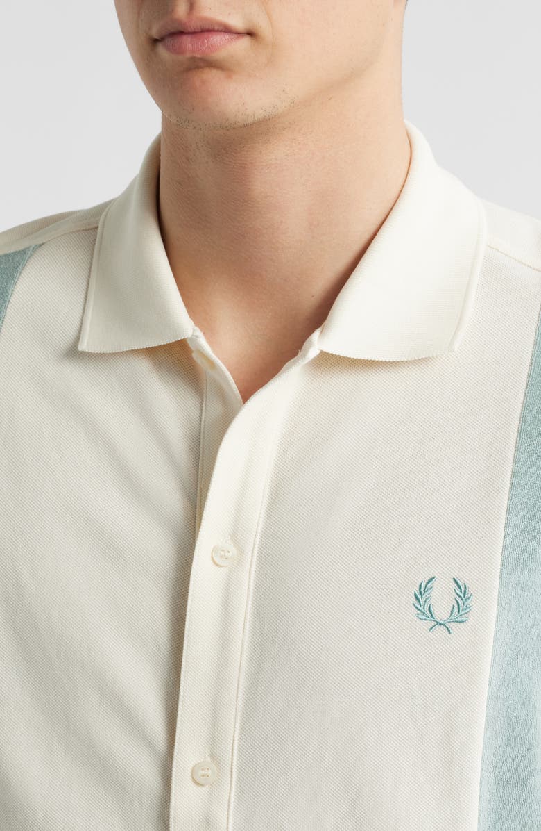 Fred Perry Panel Colorblock Terry Cloth Short Sleeve Button-Up Shirt, Alternate, color, Blue/ Ecru